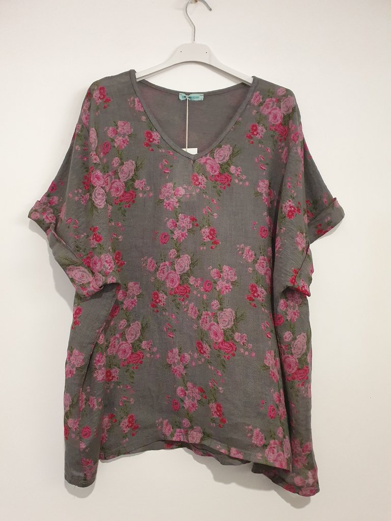 Women's Natural Linen Oversized Floral T-Shirt - The Dressing Room NZ