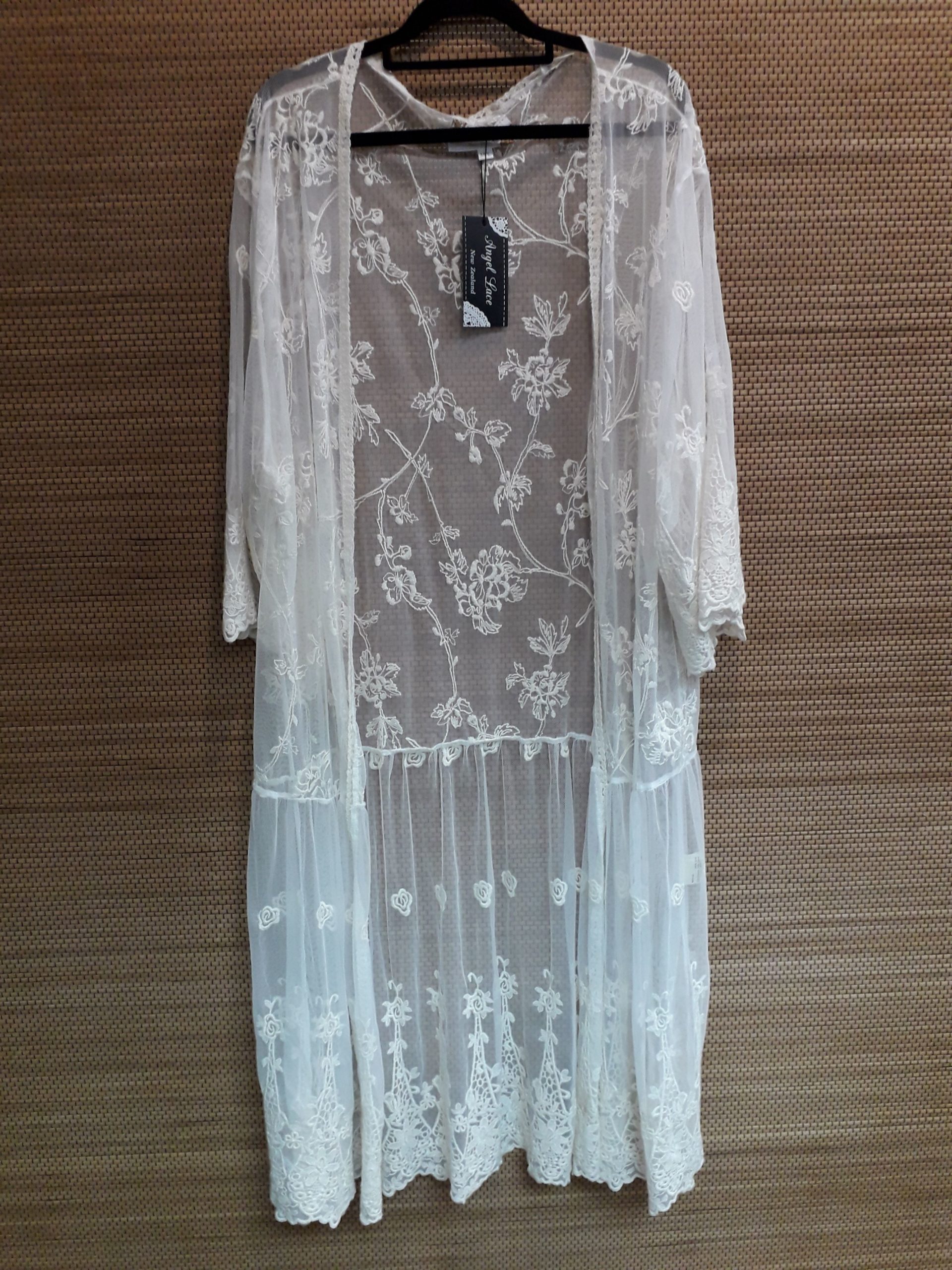 Womens Cotton Long Line Lace Jacket Cream- The Dressing Room NZ