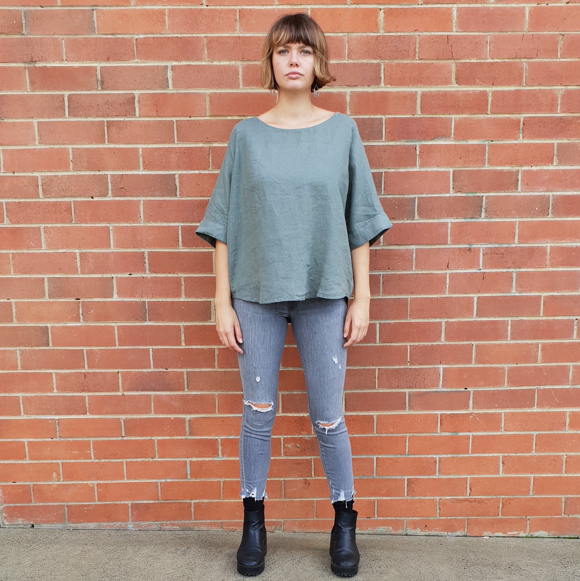 Natural Linen Curved Hem Top on Location