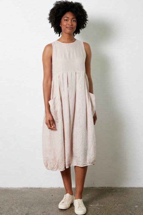 Natural Linen Sleeveless Dress with Box Pleats and Pockets