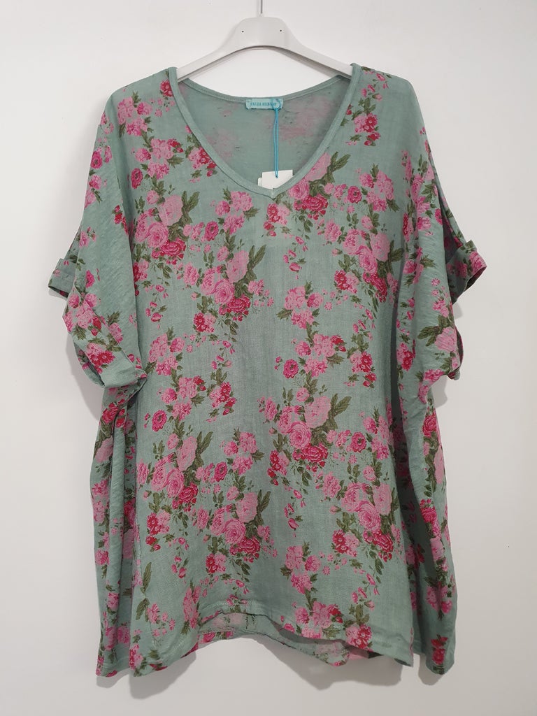 Women's Natural Linen Oversized Floral T-Shirt - The Dressing Room NZ